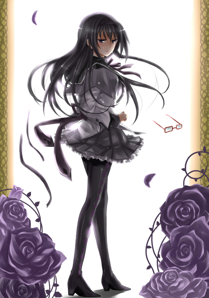 akemi_homura, argyle, argyle_legwear, black_eyes, black_hair, black_legwear, black_rose, black_rose_(flower), boots, capelet, flower, glasses, hairband, high_heels, highres, long_hair, magical_girl, mahou_shoujo_madoka_magica, pantyhose, pleated_skirt, purple_eyes, purple_rose, red-framed_glasses, ribbon, rose, shoes, skirt, solo, tears, thigh_boots, thighhighs, wokashi