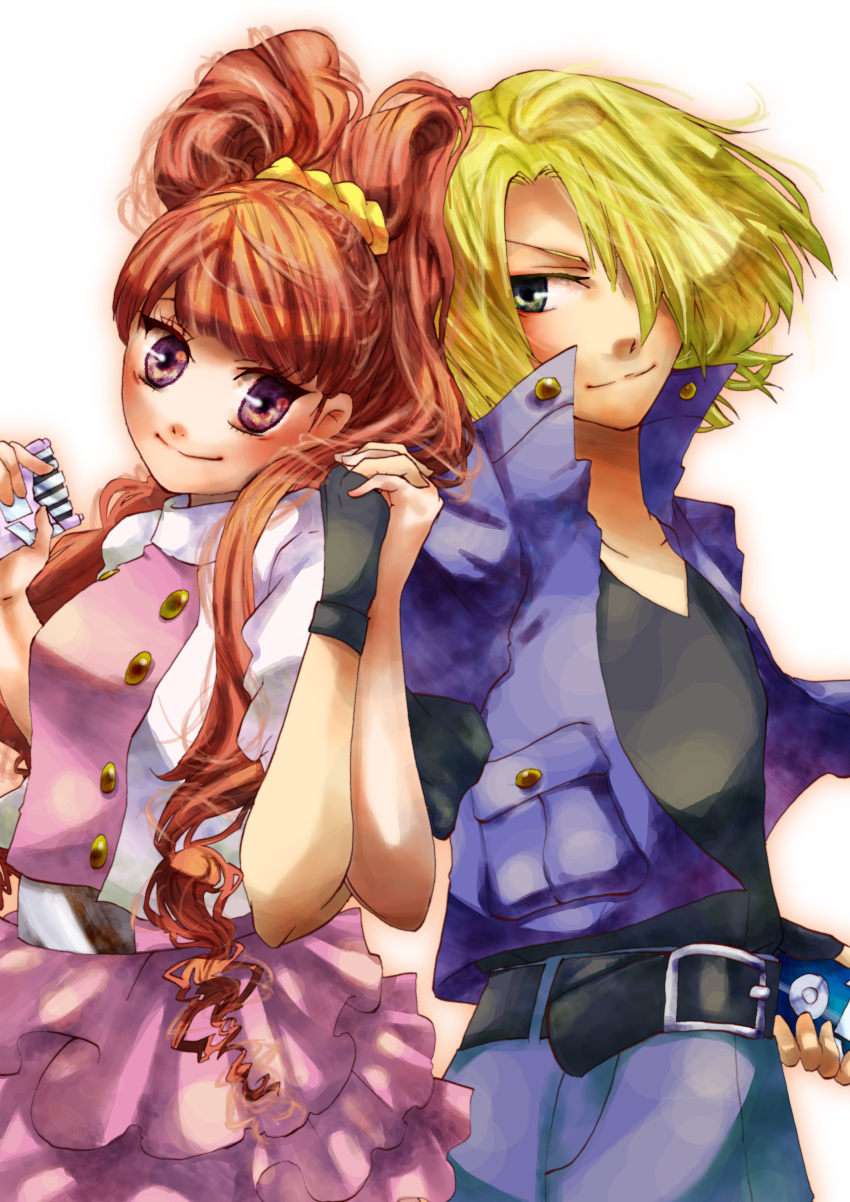 amano_nene, aonuma_kiriha, bad_id, belt, blonde_hair, blue_eyes, brown_hair, buckle