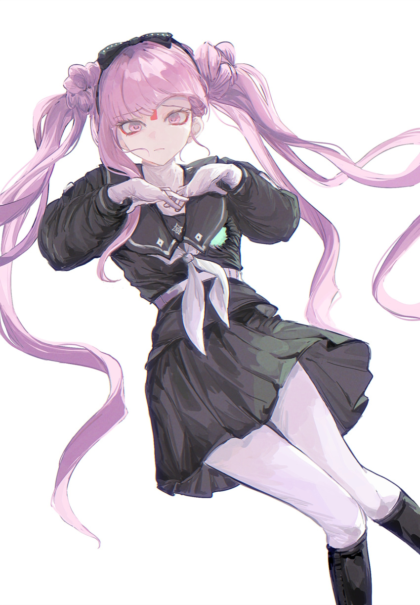 1girl, belt, black_boots, black_bow, black_hairband, black_serafuku, black_shirt, black_skirt