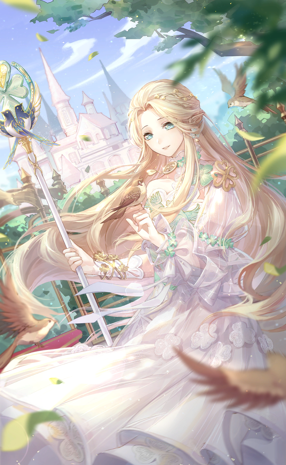 1girl, aqua_eyes, artist_request, bird, bird_on_hand, blue_sky, bracelet, braid