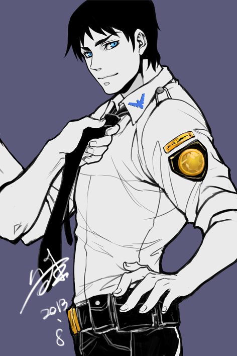 1boy, batman_(series), belt_pouch, black_necktie, black_pants, blue_eyes, cropped_legs, dated