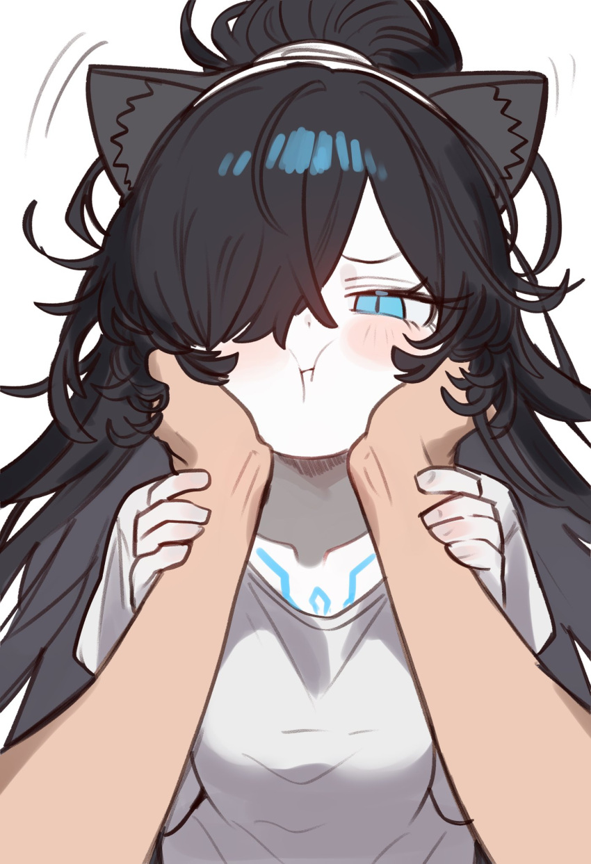 1girl, animal_ear_fluff, animal_ears, black_hair, blue_eyes, blush, breasts, cat_ears