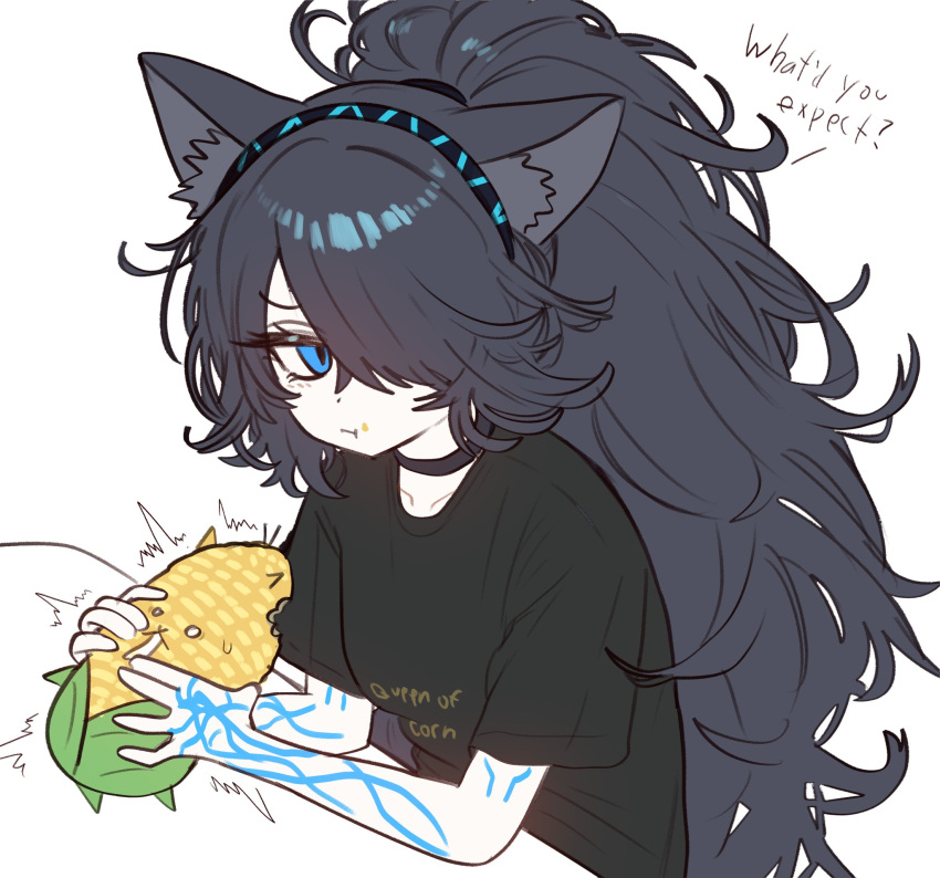 1girl, :t, ^^^, animal_ear_fluff, animal_ears, black_shirt, blue_eyes, body_markings