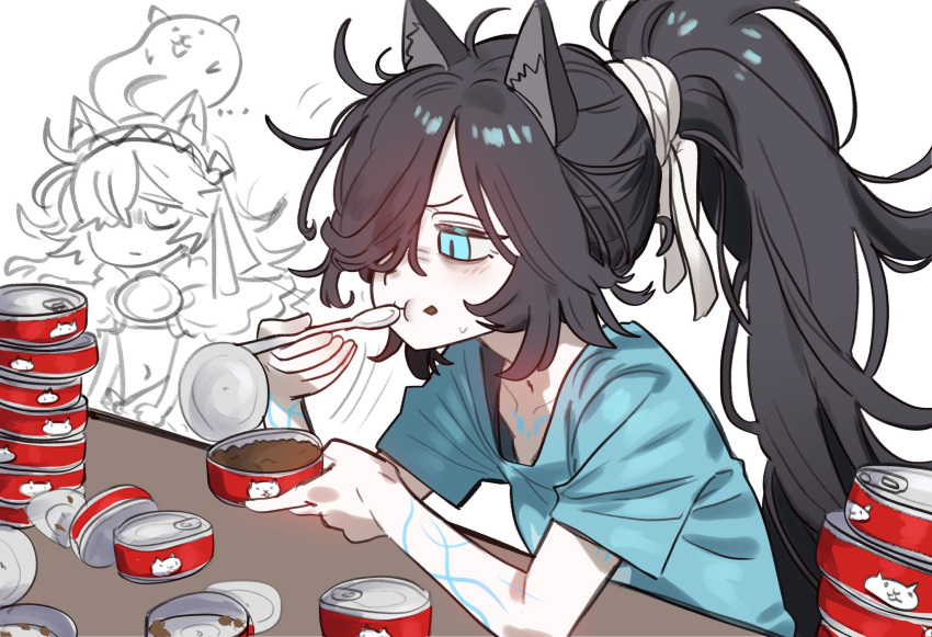 ..., 2girls, :t, animal_ear_fluff, animal_ears, black_hair, blue_eyes, can