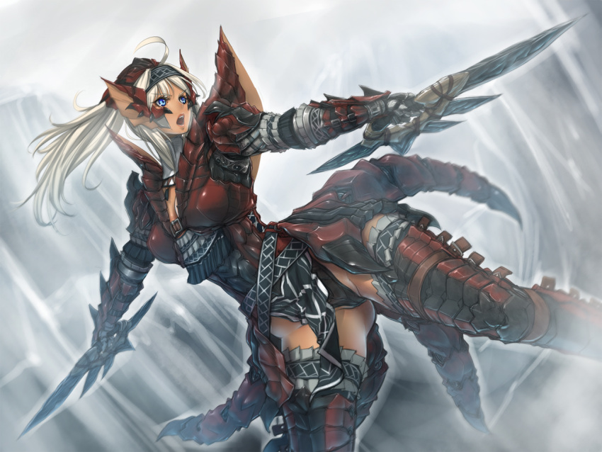 armor, attack, blonde_hair, blue_eyes, boots, capcom, cold, dual_wielding