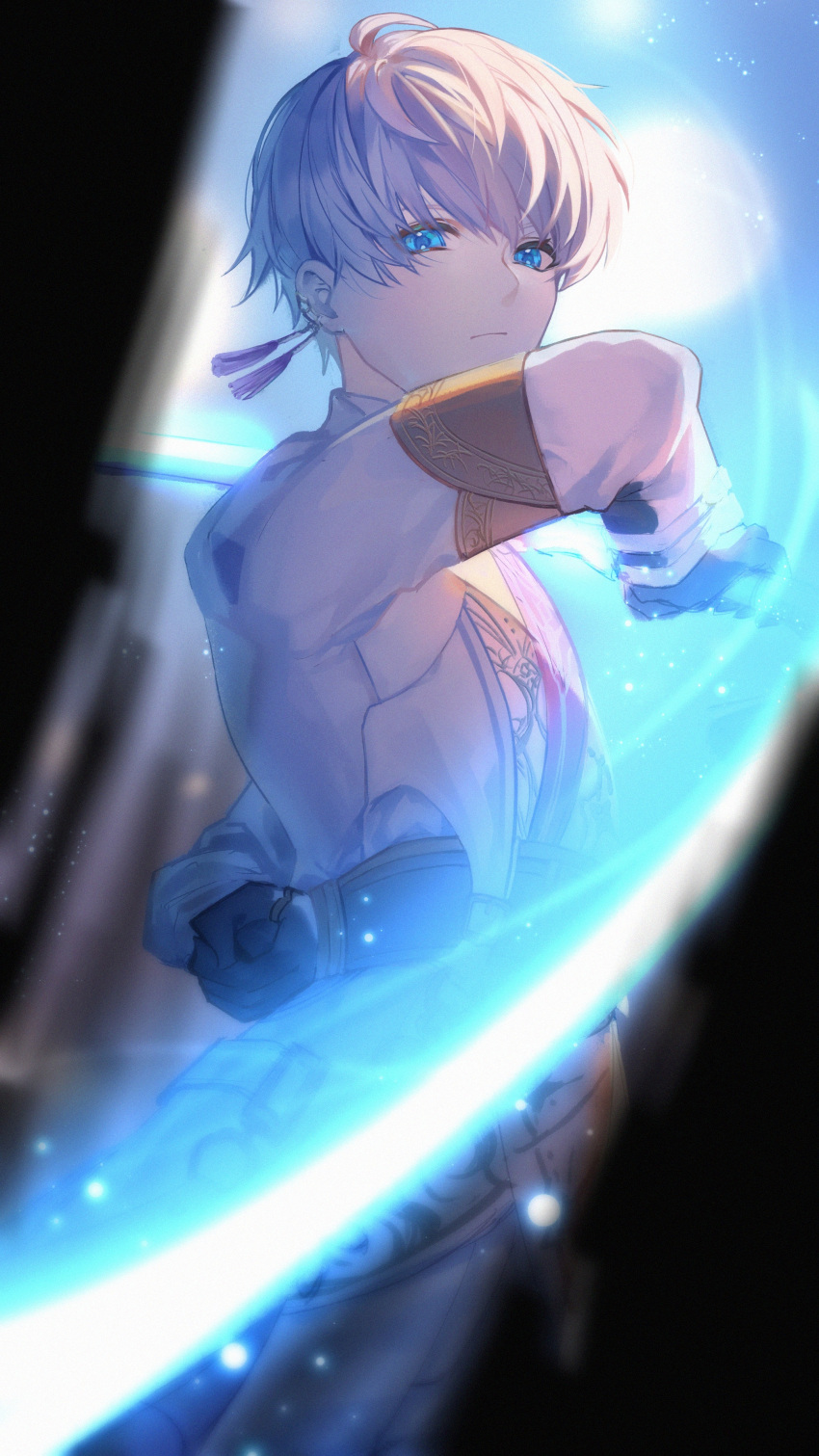 1boy, :/, absurdres, arm_behind_back, arm_up, attack_trail, baiye_renxing, black_gloves