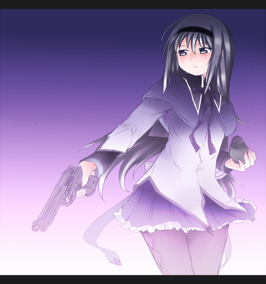 akemi_homura, beretta_92, black_hair, explosive, gacya, grenade, gun, hairband, handgun, highres, letterboxed, long_hair, magical_girl, mahou_shoujo_madoka_magica, pantyhose, pistol, pleated_skirt, purple_eyes, skirt, solo, violet_eyes, weapon