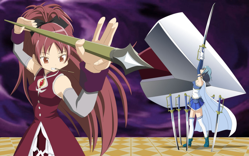 blue_eyes, blue_hair, cape, g_gundam, gundam, highres, knives_(artist), mahou_shoujo_madoka_magica
