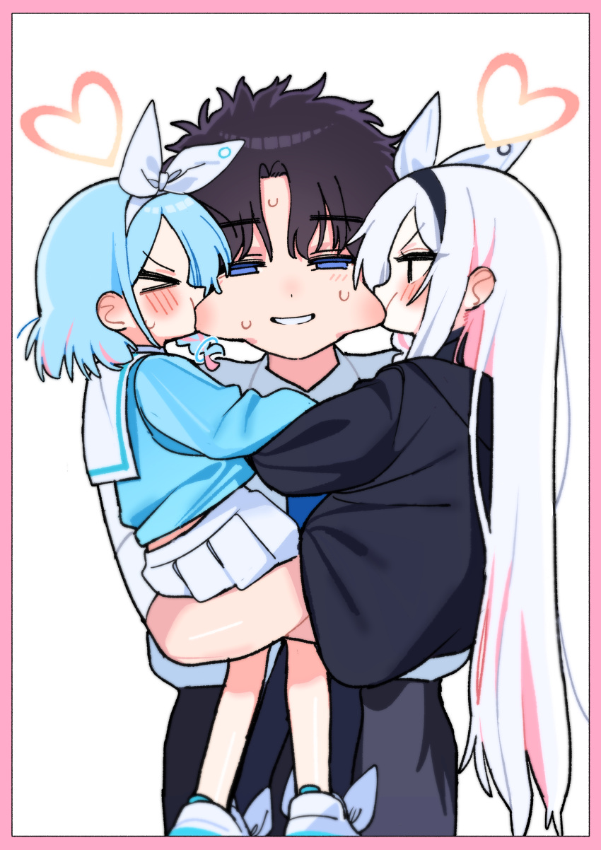 >_<, 1other, 2girls, absurdres, arona_(blue_archive), biting, biting_cheek, black_hairband