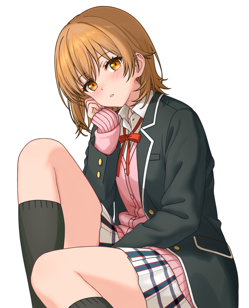 1girl, black_jacket, black_socks, blazer, brown_hair, feichu_keju, highres, isshiki_iroha
