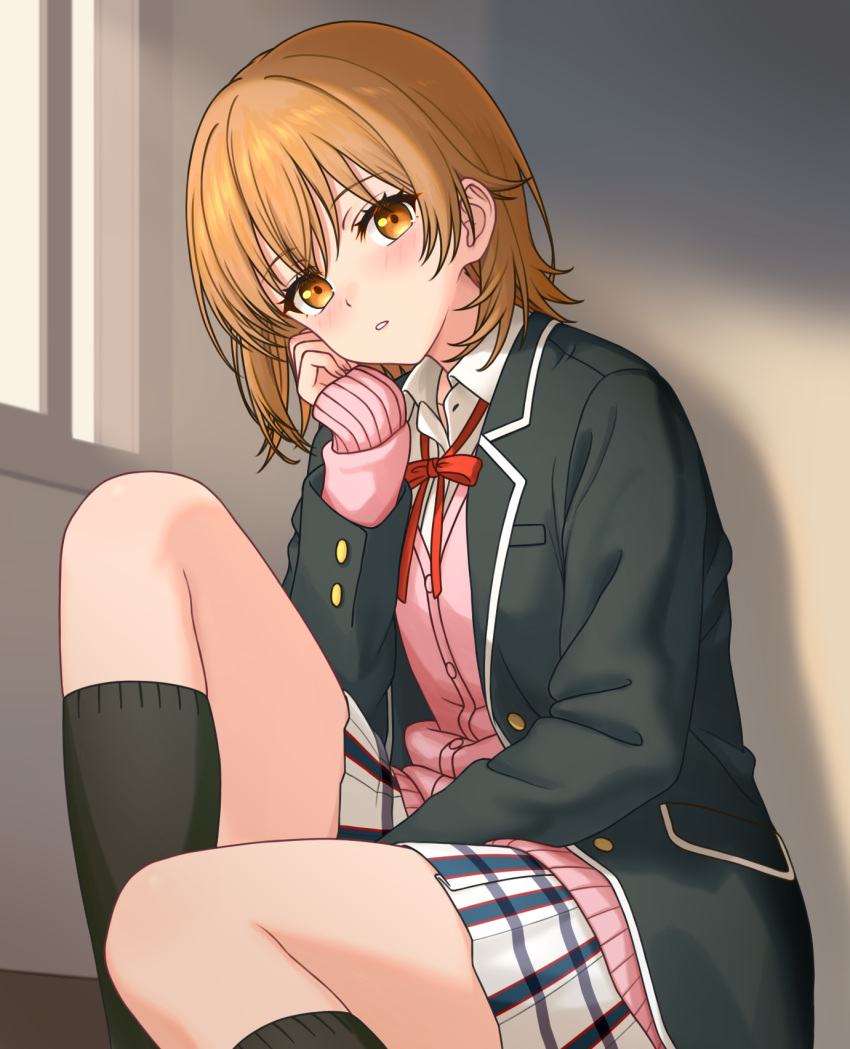 1girl, black_jacket, black_socks, blazer, brown_hair, feichu_keju, highres, isshiki_iroha