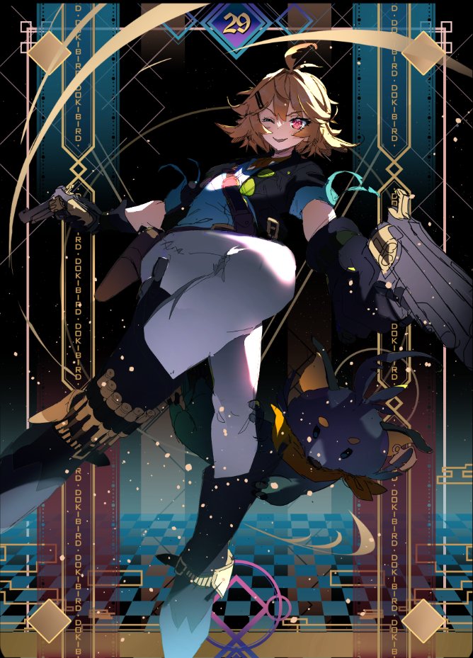1girl, ahoge, ammunition, aqua_shirt, bandolier, belt, black_background, black_boots