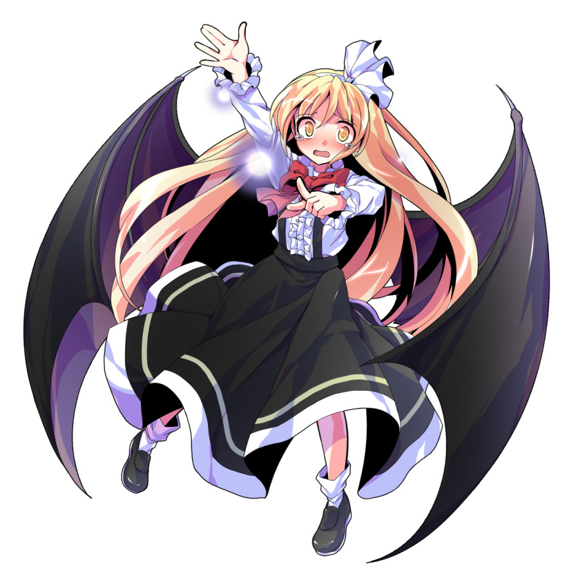 1girl, bat_wings, black_shoes, black_skirt, blonde_hair, blush, bow, bow_hairband