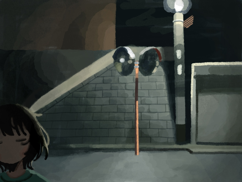 1girl, backlighting, brick_wall, brown_hair, building, closed_eyes, facing_viewer, green_shirt