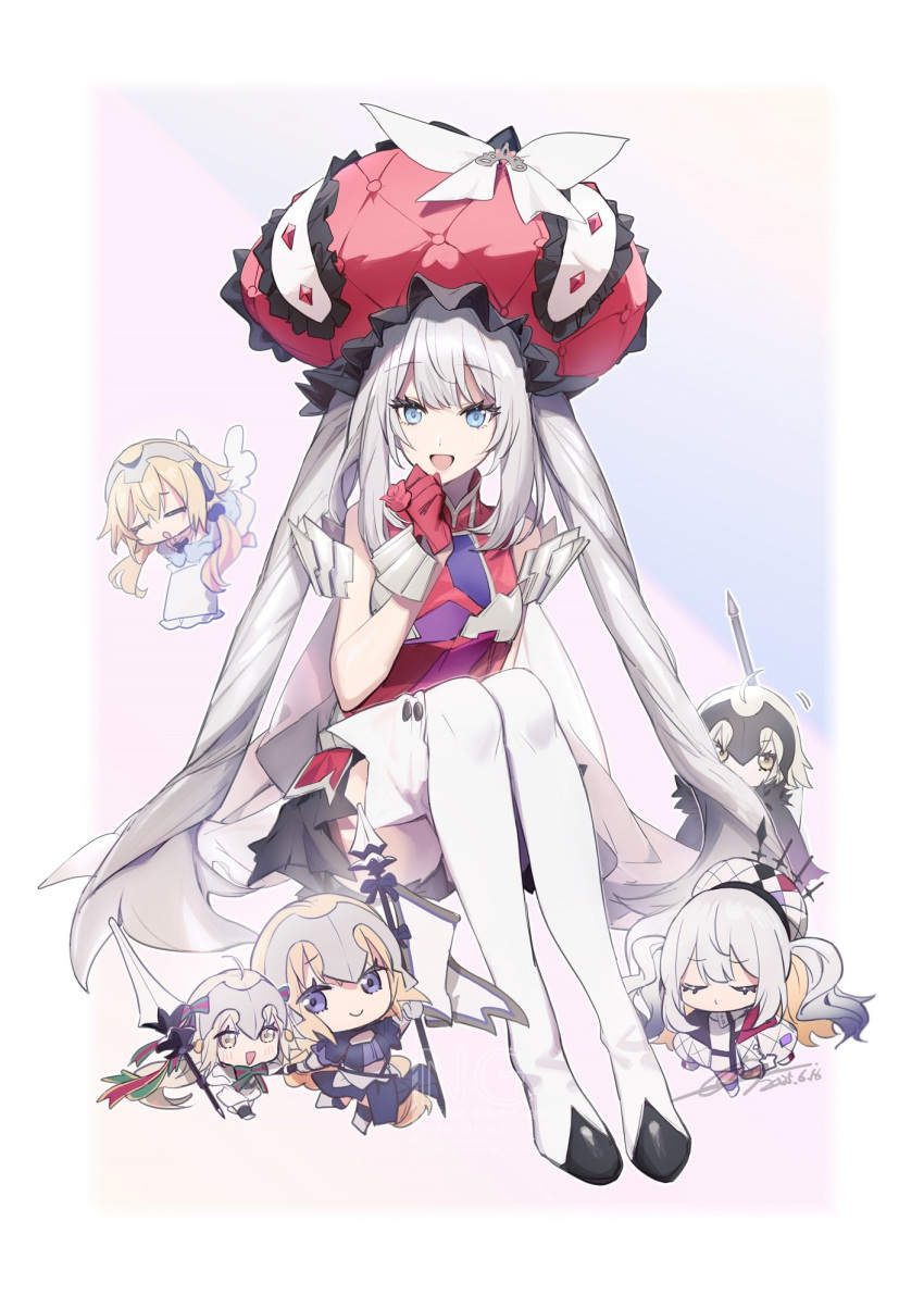 6+girls, ahoge, angel_wings, blonde_hair, blue_eyes, border, braid, chibi