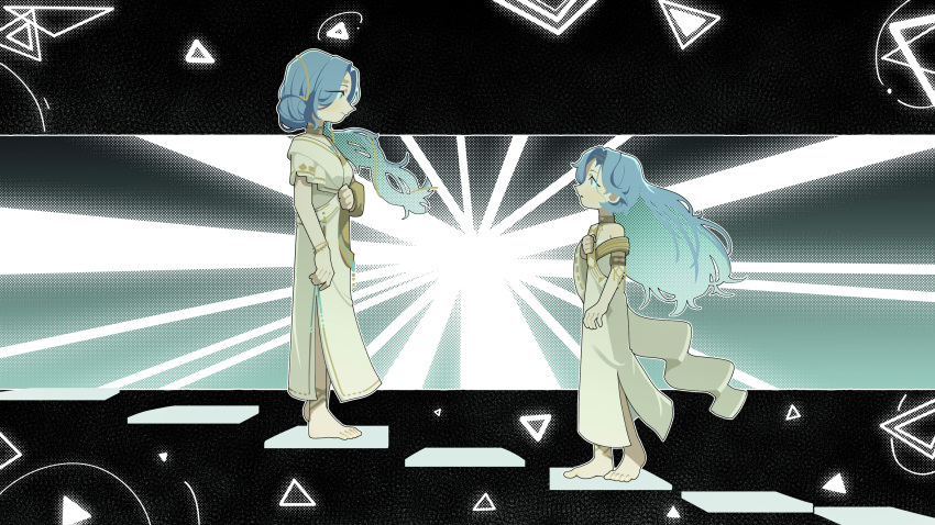 2girls, 37_(reverse:1999), 77_(reverse:1999), absurdres, ancient_greek_clothes, barefoot, black_background, blue_hair