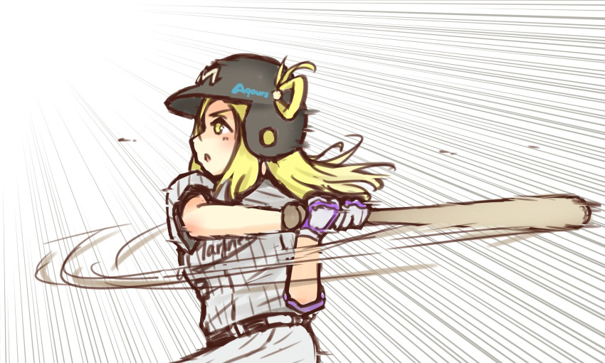 baseball, baseball_bat, baseball_helmet, baseball_uniform, belt, black_belt, blonde_hair, braid, chiba_lotte_marines, crown_braid, elbow_pads, emphasis_lines, from_side, gloves, helmet, highres, holding, holding_baseball_bat, long_hair, love_live!, love_live!_sunshine!!, motion_blur, motion_lines, ohara_mari, pants, playing_sports, profile, ranshou, shirt, short_sleeves, sketch, speed_lines, sportswear, striped_clothes, striped_shirt, swinging_baseball_bat, upper_body, v-shaped_eyebrows, vertical-striped_clothes, vertical-striped_shirt, white_gloves, white_pants, yellow_eyes