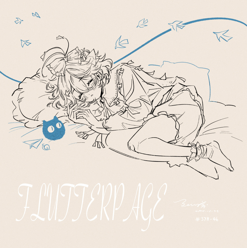 1girl, abingbeey, absurdres, ahoge, bed_sheet, bow, brown_background, cape