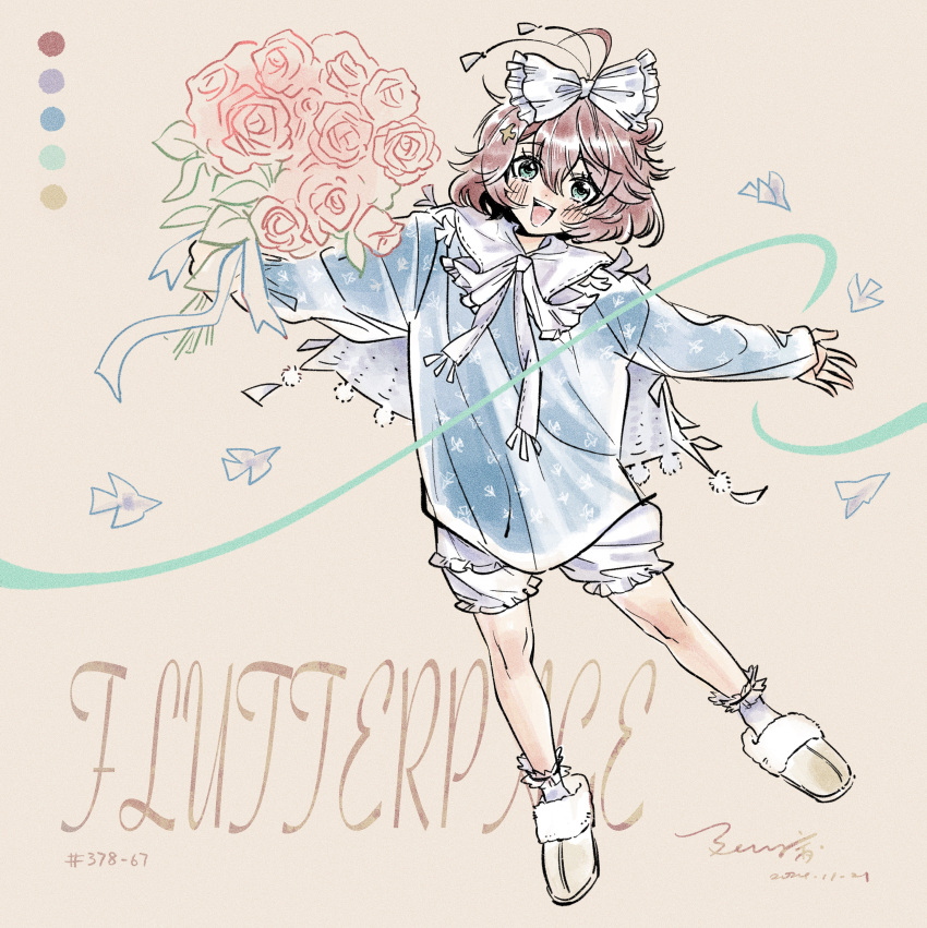 1girl, :d, abingbeey, absurdres, ahoge, blue_eyes, blue_shirt, bouquet