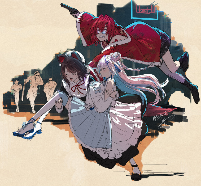 3boys, 3girls, ange_katrina, ange_katrina_(7th_costume), animal_ears, black_hair, blue_hair, blue_skirt, carrying, chasing, chinese_clothes, clothing_cutout, colored_inner_hair, dog_ears, dog_girl, double_bun, fleeing, floating_hair, full_body, grimace, gun, hair_bun, hair_intakes, handgun, hanging_on, hat, highres, holding, holding_gun, holding_weapon, inui_toko, inui_toko_(7th_costume), isshiki_(ffmania7), jacket, lize_helesta, lize_helesta_(11th_costume), long_hair, long_sleeves, maid, midair, mob_cap, multicolored_hair, multiple_boys, multiple_girls, nijisanji, open_mouth, princess_carry, red_hair, red_jacket, round_eyewear, running, sanbaka_(nijisanji), shirt, short_hair, shoulder_cutout, skirt, smile, sunglasses, thigh-highs, urban, v-shaped_eyebrows, virtual_youtuber, weapon, white_hair, white_shirt, white_thighhighs