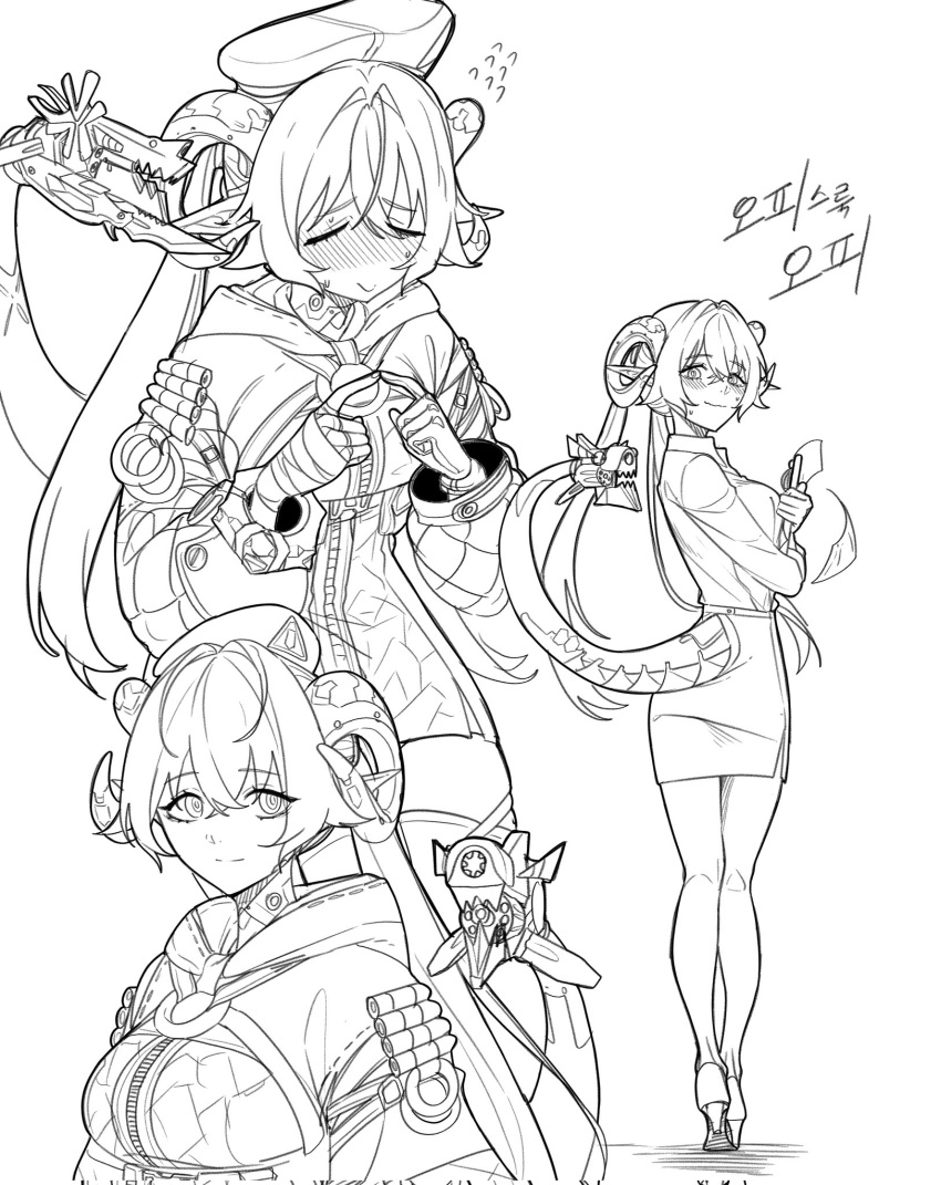 1girl, alternate_costume, breasts, dragon_girl, dragon_horns, gloves, greyscale, gwongiyeon67479