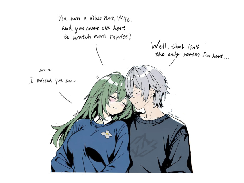 1boy, 1girl, blue_sweater, closed_eyes, english_text, green_hair, grey_sweater, hibarakirari, highres, mole, mole_under_eye, simple_background, smile, sweater, upper_body, venus_(zenless_zone_zero), white_background, wise_(zenless_zone_zero), zenless_zone_zero