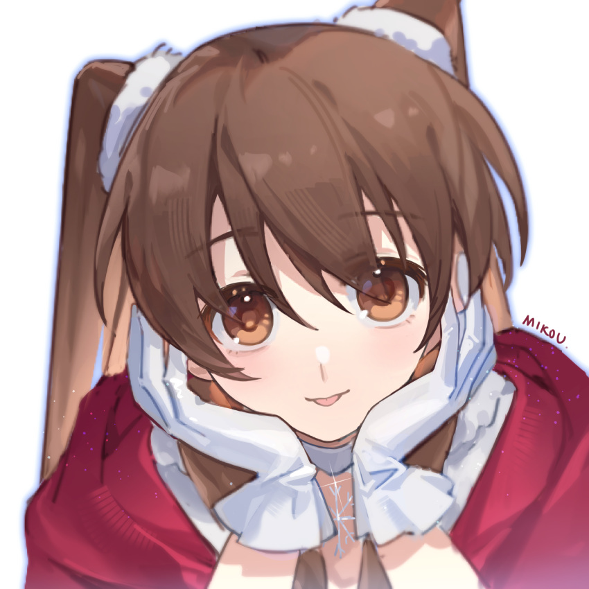 1girl, :p, brown_eyes, brown_hair, gloves, hands_on_own_cheeks, hands_on_own_face, highres