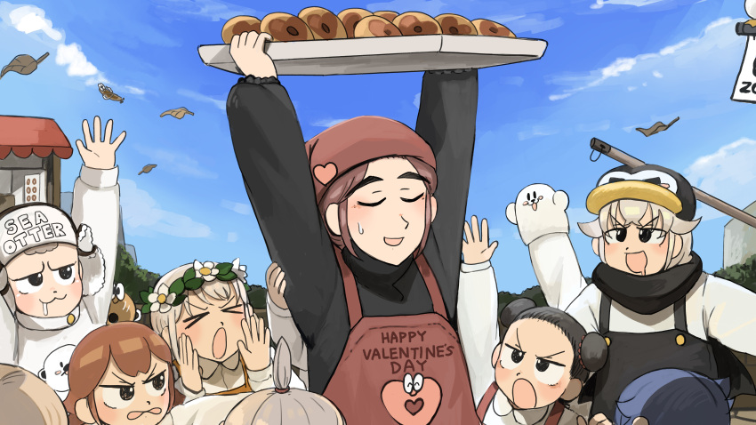 >_<, 3girls, 5boys, :d, :o, absurdres, apron, bird