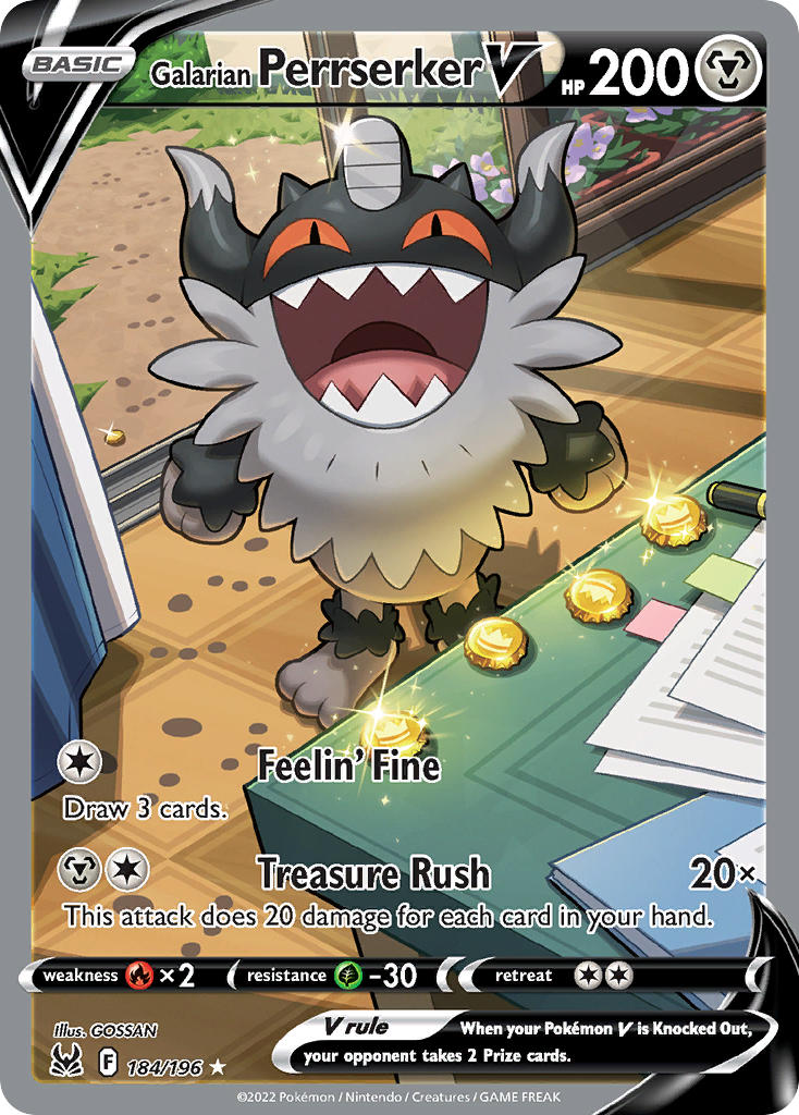 artist_name, bottle_cap, card_(medium), character_name, company_name, copyright_name, copyright_notice, english_text, flower, glint, gold_bottle_cap_(pokemon), gossan, grass, horns, indoors, no_humans, official_art, open_door, open_mouth, paper, perrserker, planter, pokemon, pokemon_(creature), pokemon_card, pokemon_focus, pokemon_tcg, sharp_teeth, sliding_doors, smile, standing, table, teeth, third-party_source, tongue, trading_card