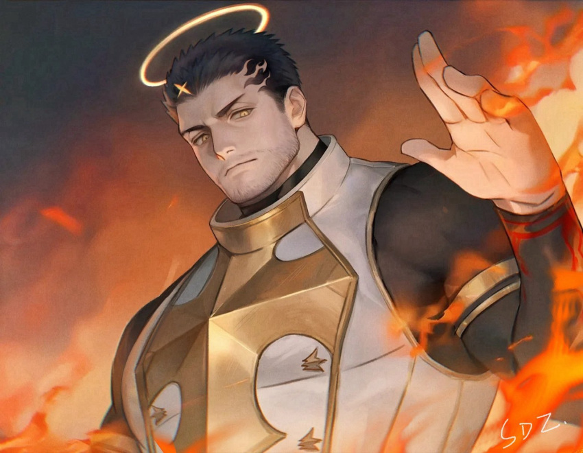 1boy, artist_name, beard_stubble, black_hair, chinese_commentary, closed_mouth, commentary_request, facial_hair