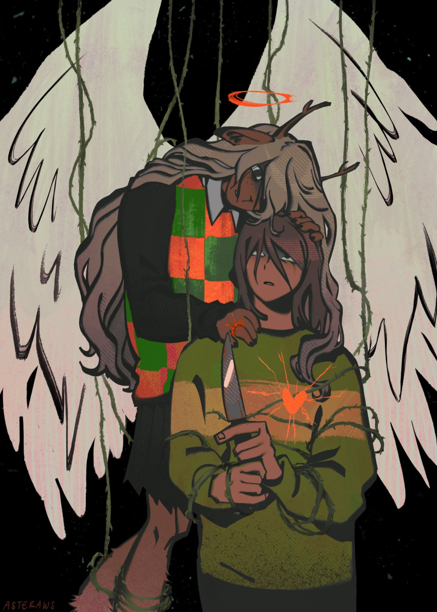1girl, 1other, angel_wings, antlers, asteraws, black_background, black_skirt, blonde_hair, brown_hair, checkered_clothes, checkered_vest, commentary, deer_antlers, deer_girl, deltarune, english_commentary, furry, furry_female, green_shirt, halo, hand_on_another's_head, hand_on_another's_shoulder, heart, highres, holding, holding_knife, horns, jewelry, knife, kris_(deltarune), long_hair, long_sleeves, looking_at_another, looking_up, medium_hair, noelle_holiday, plant, puppet_strings, red_halo, ring, shirt, signature, skirt, striped_clothes, striped_shirt, thorns, very_long_hair, vest, vines, weird_route_(deltarune), white_wings, wings