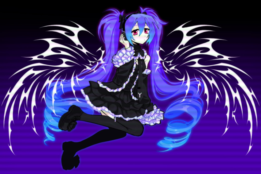 black_nails, black_necktie, black_shoes, black_skirt, black_sleeves, black_thighhighs, closed_mouth, danciingcosmos