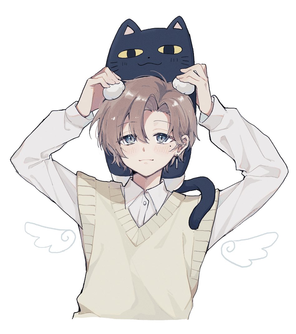 1boy, blue_eyes, brown_hair, closed_mouth, collared_shirt, drawn_wings, holding, holding_stuffed_toy