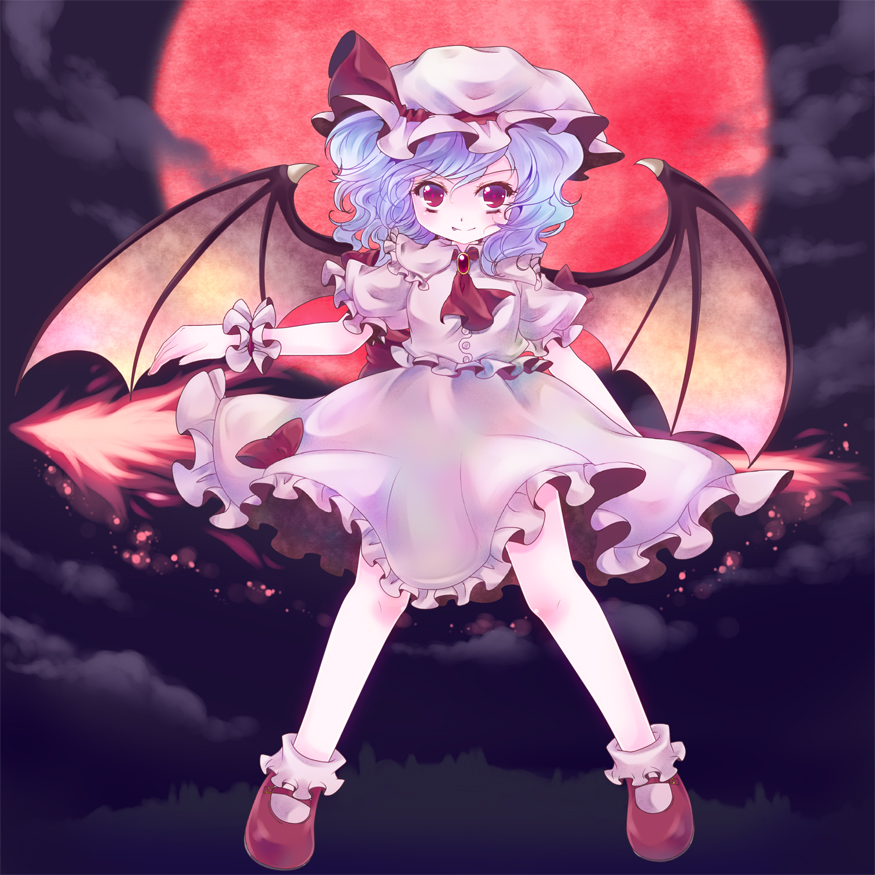 ascot, bat_wings, blue_hair, bobby_socks, child, dress, fangs, full_moon