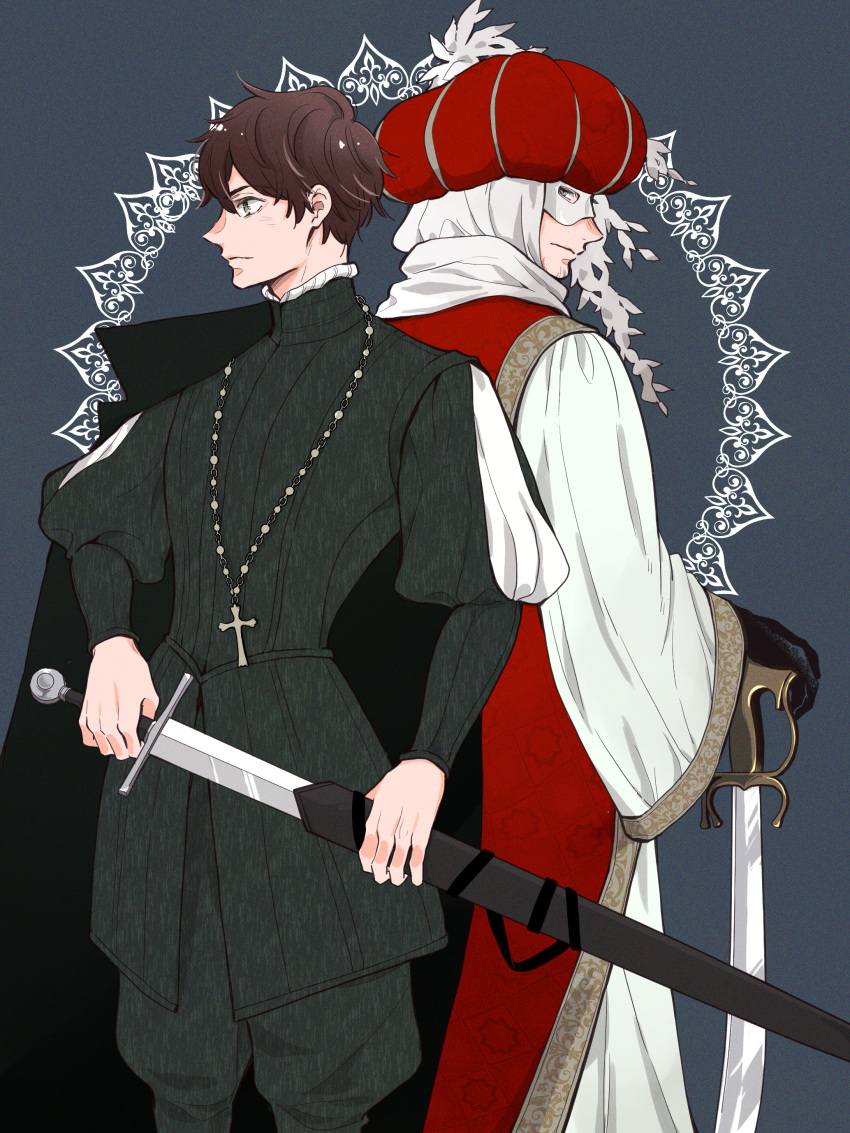 2boys, absurdres, axis_powers_hetalia, back-to-back, beard_stubble, brown_hair, ca_lamari, cape, cross, cross_necklace, eye_mask, facial_hair, feet_out_of_frame, gloves, green_eyes, grey_background, grey_eyes, highres, holding, holding_sheath, holding_sword, holding_weapon, jewelry, kilij, latin_cross, male_focus, multiple_boys, necklace, pants, profile, robe, scimitar, sheath, shirt, short_hair, spain_(hetalia), spanish_clothes, stubble, sword, turban, turkey_(hetalia), turkish_clothes, weapon