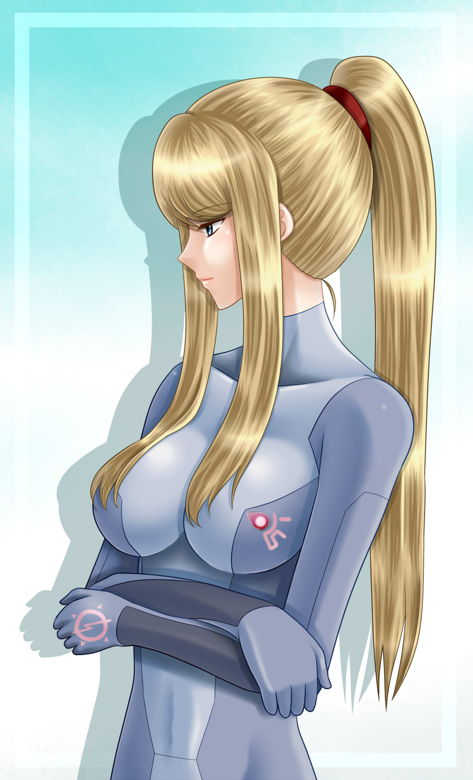 blue_eyes, breasts, crossed_arms, highres, large_breasts, long_hair, metroid, ponytail