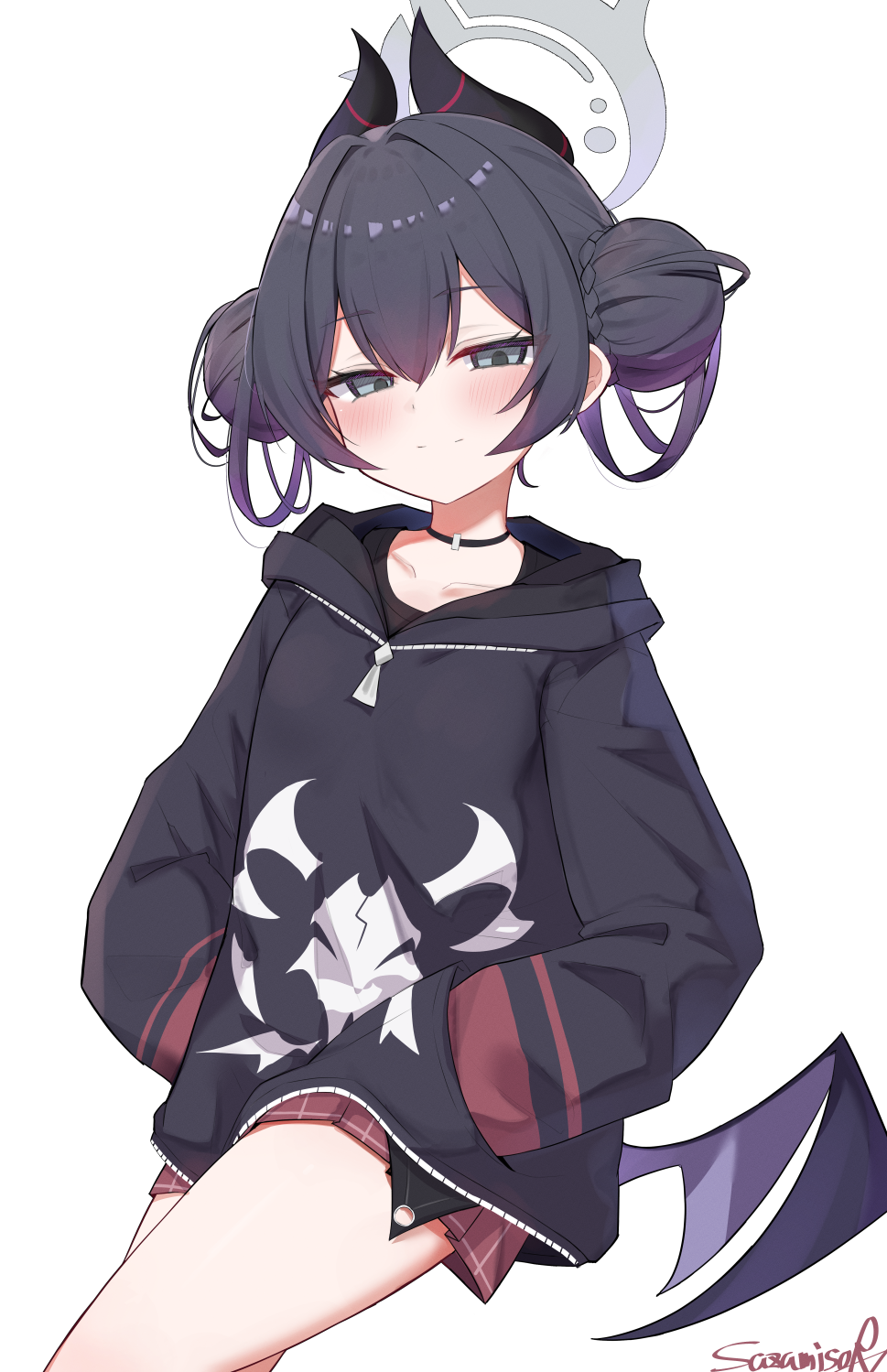 1girl, alternate_hairstyle, black_choker, black_hair, black_hoodie, black_horns, blue_archive, braid