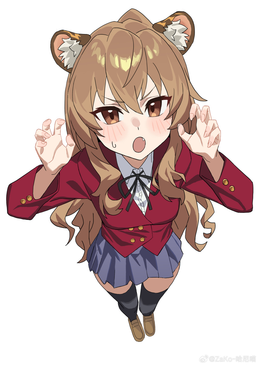 1girl, absurdres, aisaka_taiga, animal_ear_fluff, animal_ears, black_ribbon, black_thighhighs, blush