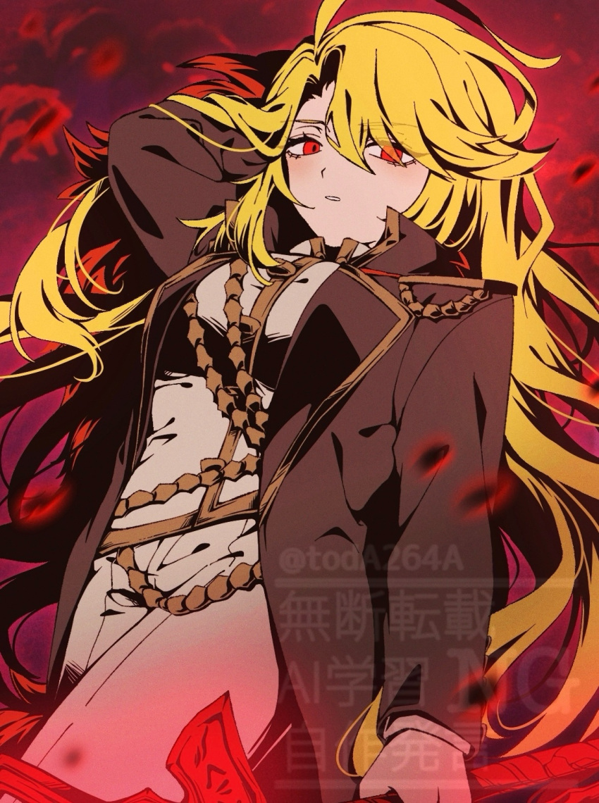 1girl, black_coat, blonde_hair, closed_mouth, coat, don_quixote_(project_moon), gold_trim, highres, holding, holding_weapon, la_manchaland_(identity)_(project_moon), limbus_company, long_hair, long_sleeves, looking_at_viewer, pants, parted_bangs, project_moon, red_background, red_eyes, rug_(yurari606), sancho_(project_moon), shirt, simple_background, solo, standing, upper_body, weapon, white_pants, white_shirt