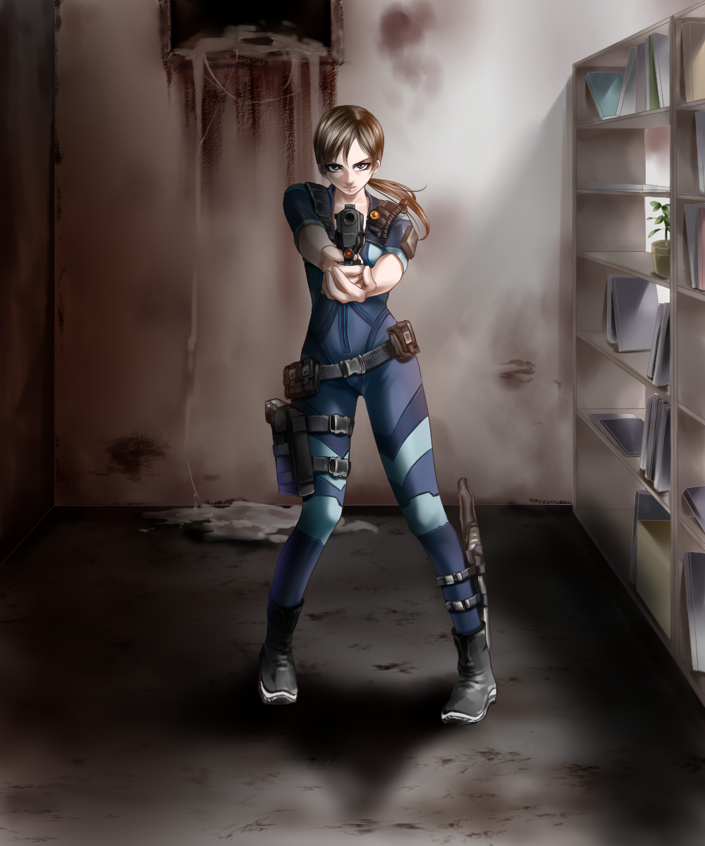 1girl, aiming, aiming_at_viewer, blue_eyes, blue_wetsuit, bodysuit, bookshelf, brown_hair