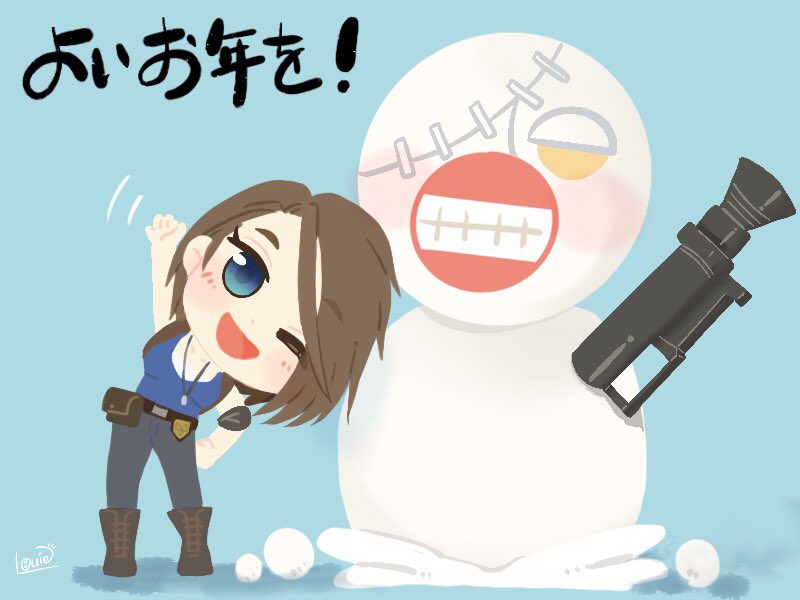 1girl, blue_background, blue_eyes, blue_pants, blue_shirt, character_snowman, deformed, jill_valentine, lovers_nero, nemesis_(resident_evil), pants, resident_evil, resident_evil_3:_nemesis, resident_evil_3_(remake), rocket_launcher, shirt, signature, simple_background, snowman, waving, weapon