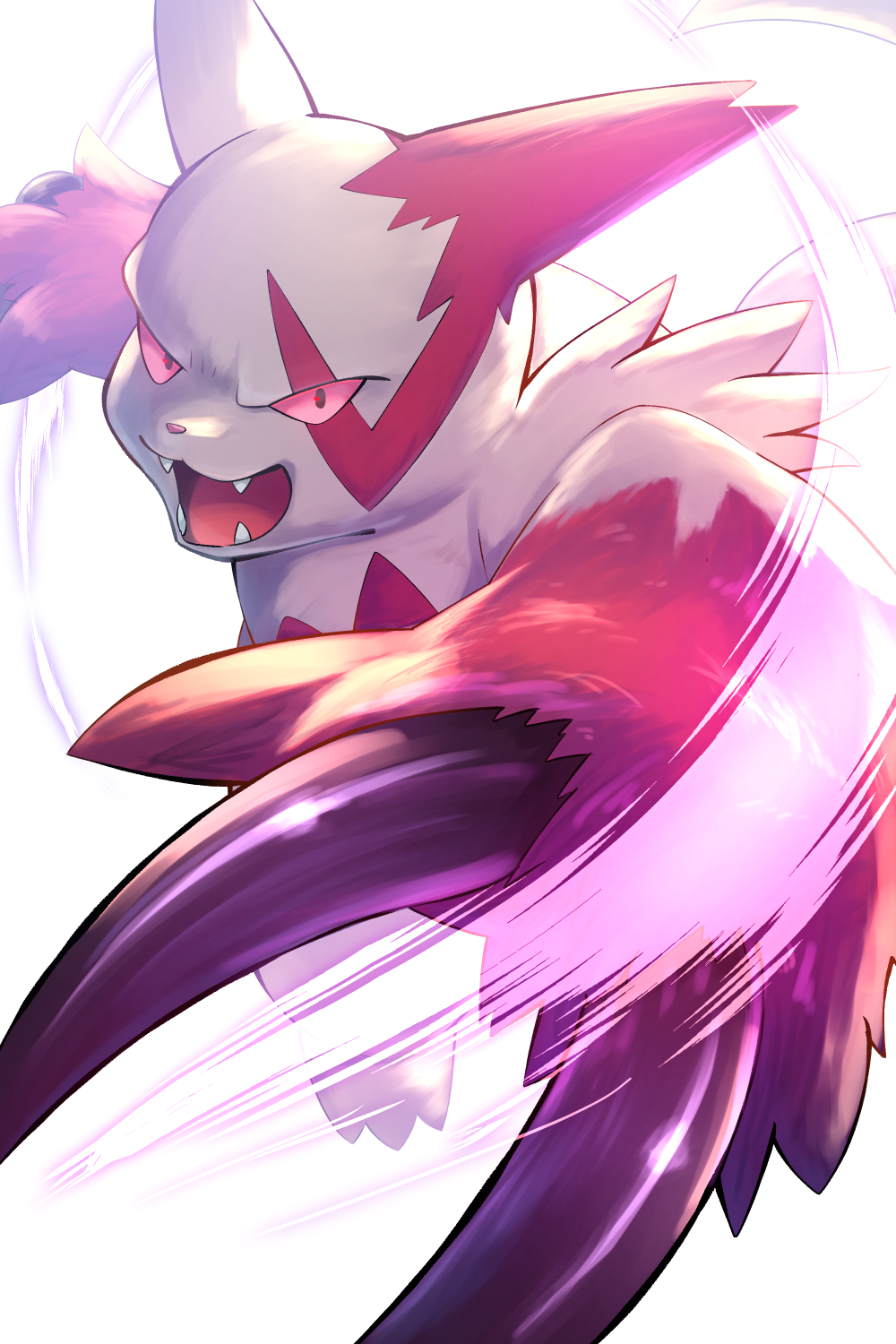 claws, commentary_request, fangs, furrowed_brow, highres, looking_at_viewer, no_humans, open_mouth, pink_eyes, pokemon, pokemon_(creature), pokemon_focus, rumine_(yoshi1234567), solo, swiping, tongue, zangoose