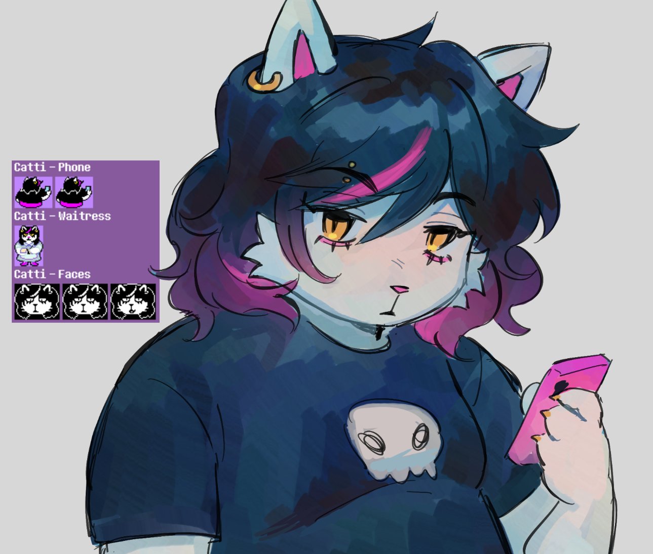 1girl, animal_ear_piercing, animal_ears, animal_hands, black_hair, black_shirt, body_fur, breasts