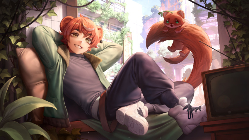 1boy, absurdres, animal_ears, arm_behind_head, belt, black_pants, black_shirt, blue_sky