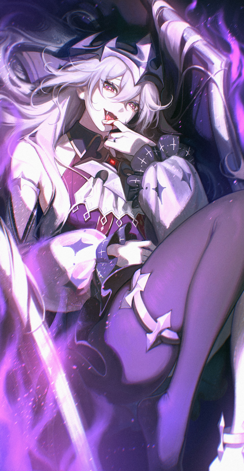 1girl, absurdres, asymmetrical_legwear, black_pantyhose, blood, collar, commentary, cross, cross_print, crown, detached_sleeves, epic_seven, finger_to_mouth, frilled_sleeves, frills, gootai, hair_between_eyes, highres, jewelry, leaking, long_hair, long_sleeves, looking_at_viewer, lying, melissa_(epic_seven), miniskirt, no_shoes, on_back, open_mouth, pantyhose, red_eyes, ring, sidelocks, single_leg_pantyhose, skirt, solo, thigh_strap, tongue, tongue_out, uneven_legwear, vampire, white_hair