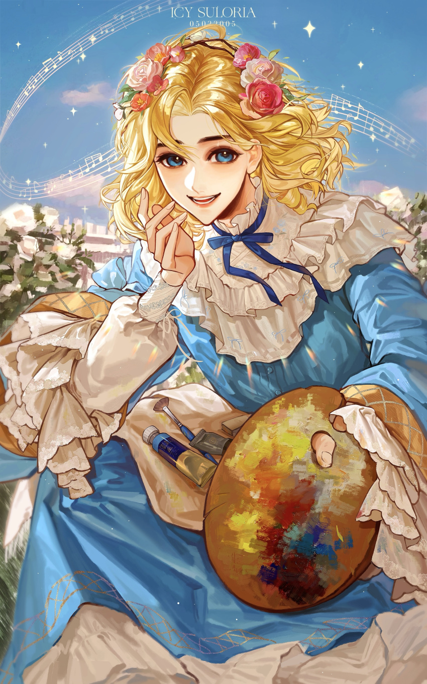 1boy, absurdres, aged_down, androgynous, axis_powers_hetalia, blonde_hair, blue_eyes, blue_sky