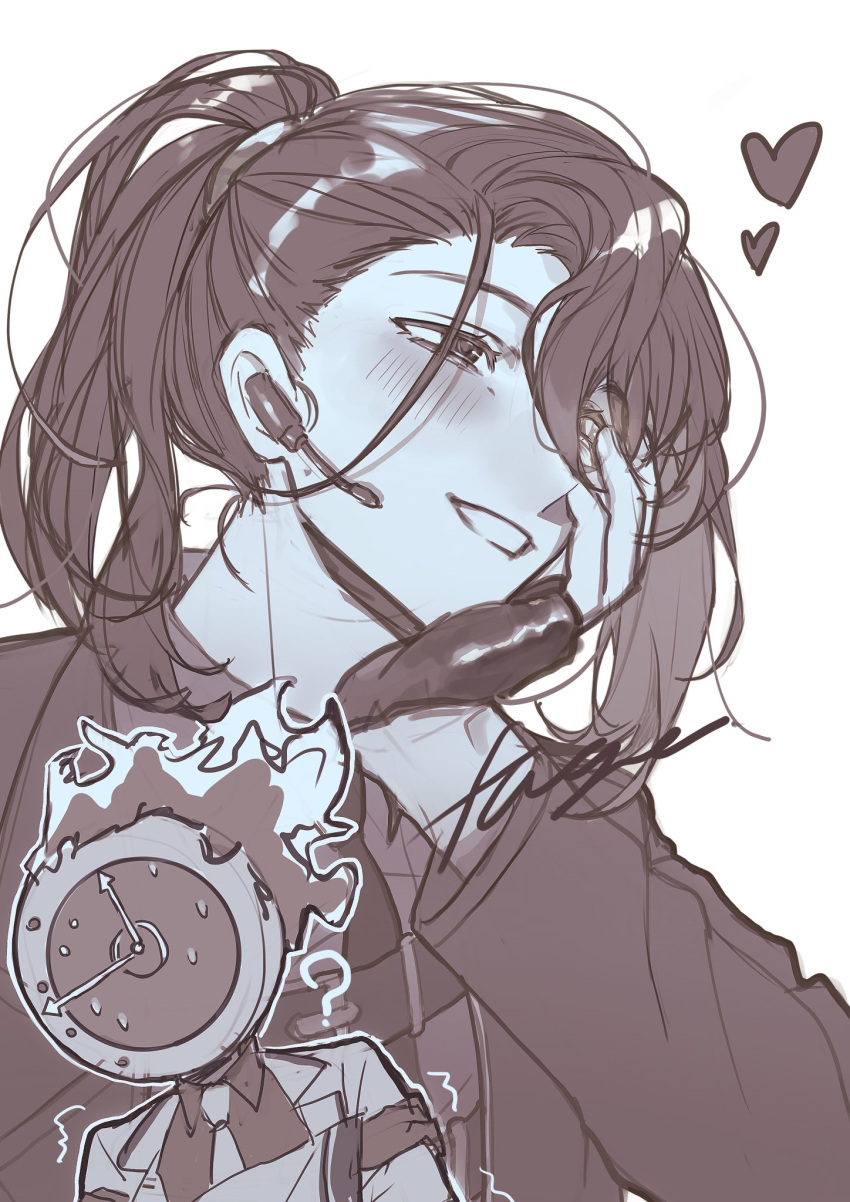 1boy, 1girl, clock, collared_shirt, dante_(limbus_company), earpiece, fingerless_gloves, fire