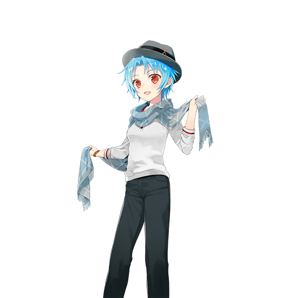 1girl, black_pants, blue_hair, grey_hat, hat, long_sleeves, merueto, orange_eyes