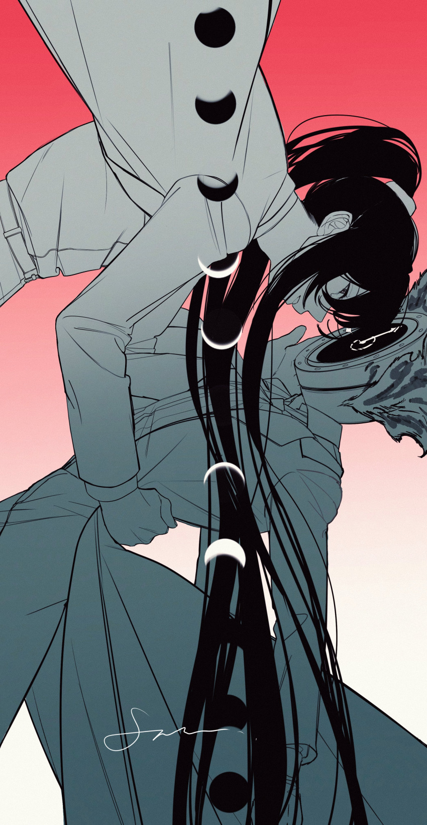 1boy, 1other, absurdres, clock, coat, collared_shirt, dante_(limbus_company), fire