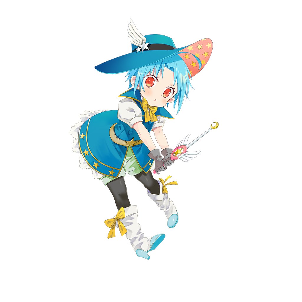 1girl, blue_hair, blue_hat, boots, bow, bowtie, hat, holding, knee_boots, large_hat, merueto, orange_eyes, sapphire_(uchihime), uchi_no_hime-sama_ga_ichiban_kawaii, white_boots, wing_ornament, yellow_bow, yellow_bowtie